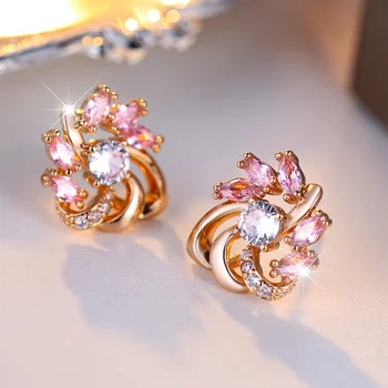 Луксозни Розови обеци с кристали Splendid Цветя, Бели Кръгли обеци-карамфил с цирконии За жени, Обеци, златен цвят, бижута, Сватбен подарък