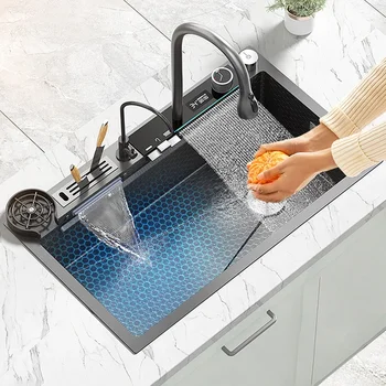 Кухненска мивка от неръждаема стомана, Дигитален дисплей, Мивка с водопад, Релефно под формата на сот, Голям Однощелевой Мивка за кухня