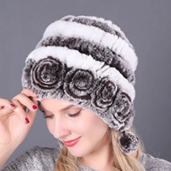 Гореща разпродажба на Зимни женски шапки от естествена кожа заек в цветна ивица, Дамски топли Възли кожени шапки, Руски улични кожени шапки