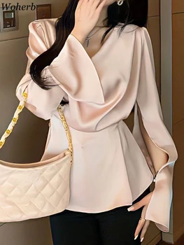Тънка блуза за жени с V образно деколте, выдалбливают Ризи с дълъг ръкав 2024 Blusas Mujer De Moda Модни Реколта Обикновена Елегантни Блузи, Блузи