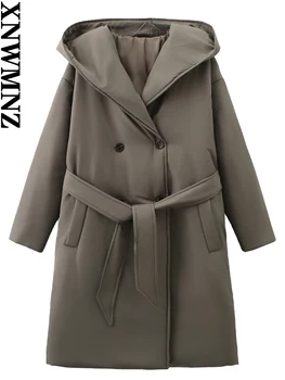 XNWMNZ Дамска мода 2023, Зимна зона, Дълга стеганая яке с качулка, палта, дамски двубортная връхни дрехи копчета с дълъг ръкав