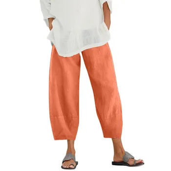 Дамски спортни панталони от памук и лен в стил Харадзюку, летни ежедневните Свободни джобове с ластик на талията, зреещи, удобни скъсяване на панталон