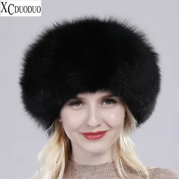Гореща разпродажба, Дамска шапка от 100% естествена лисьего кожа, Дебела кожа шапка зимна топла шапка, Дамска мода, Дамска шапка със слушалки, шапка