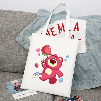 Чанта-тоут с анимационни принтом Disney Lotso Bear, модерна дамска чанта, чанта за съхранение на рамото за момичета, холщовая пътна женствена чанта за пазаруване