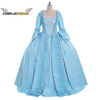 Средновековна рокля на Мария-Антоанета, модерен костюм в стил рококо, рокля от епохата на регентството, Синя рокля с рюшами от 18-ти век, Кралят костюм