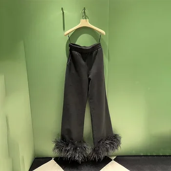 Еластичен колан с пера, дизайн черни панталони, дамски ниша 2023, есенно-зимни, нов прави панталони, спортни панталони