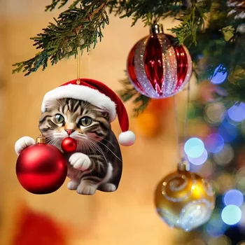 100шт Коледен чар за кола с котка, празнична украса за кола с котка, супер сладък чар, за котки, акрилна шапка на дядо коледа, коча билка, окачена на Коледна елха
