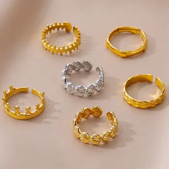 Винтажное позлатен пръстен с корона от неръждаема стомана за жени Отворено Регулируем Пръстен за отношение на Бижута, Сватбени Аксесоари Подарък Тенденция 2023 година