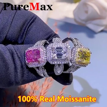 Женски пръстен PureMax с изумруд и муассанитом 2-каратной нарязани на Премиум-клас от сребро 925 проба, модерно Годежен пръстен с ДРОБ