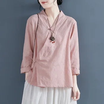 2023 Нова китайската Традиционна блуза за жени, ежедневни памук бельо костюм Hanfu с V-образно яка и копчета, костюми за cosplay, дамски дрехи