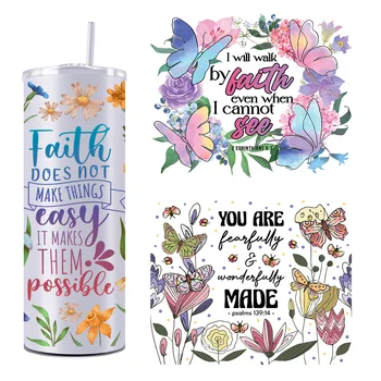 Цитат на Вярата, християнски флорални цветя, 20 грама, UV DTF директни опаковки, стикери, етикети, водоустойчив логото САМ за чаши