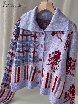 Жаккардовое заключване, жена с жилетка, есента однобортный женски пуловер с отложным яка и дълъг ръкав 2023, връхни дрехи ChicLady