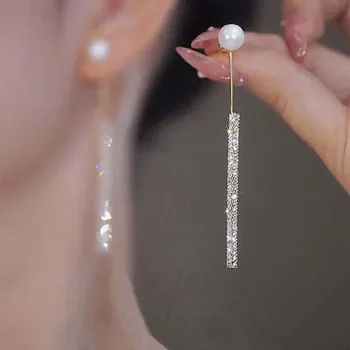 Корейски дълги висящи обеци с перли и четки за жени, луксозни обеци-капки златен цвят с кристали, подарък за сватбени партита, бижута