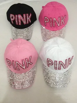 Новост 2016 г., на дребно, розови букви Diamond Point, памучен деним, розови шапки, дамски бейзболна шапка, шапка с пайети, шапка за момичета, принт с кристали