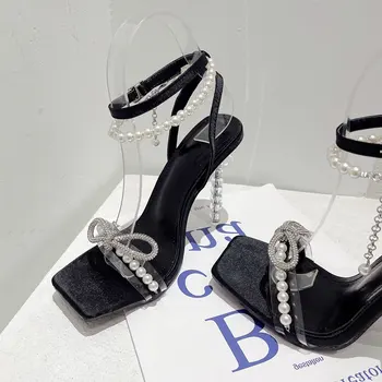 Нови дамски сандали-гладиатори с кристали, чубрица прозрачни сандали на висок ток с лък под формата на круши, летни модел обувки за партита, дамски обувки-лодки, размер 42