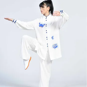 Еластичен костюм от перлата на памук за практикуване на бойни изкуства, тай-чи, Утринна зареждане, облекло за изказвания, Модерен топ с бродерия на пеперуда
