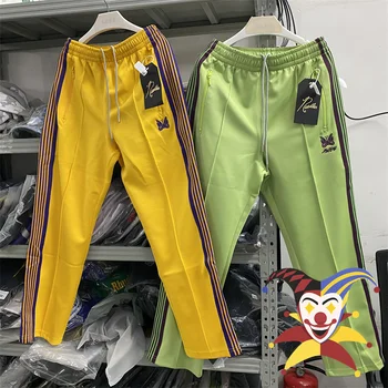 Спортни панталони с игли в жълто-зелена ивица, мъжки и женски гладка спортни панталони с бродерия на пеперуда