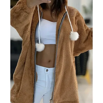 Нови постъпления 2024 Есен Зима Нов дамски дрехи цвят каки плюшевое топло палто с цип, с качулка всекидневното
