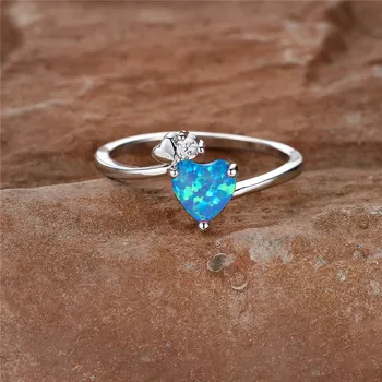 Романтичен пръстен с камък във формата на сърце Любов, Синьо, бяло, Лилаво, Опал, Годежни Тънки пръстени За жени, Модни годежни пръстени сребърен цвят, бижута