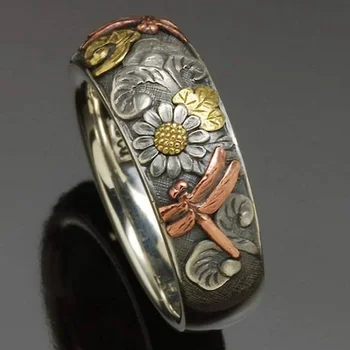 Винтажное пръстен с резба във вид на водни Кончета и Слънчоглед и цвят розово злато, Уникални метални пръстени с цветя, жените на пръстените за годеж, украси за партита