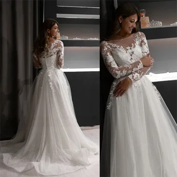 Сватбени рокли с дълъг ръкав ÙØ3Ø§ØªÙŠÙ Ø2ÙØ §� Дълго дантелено сватбена рокля от тюл трапецовидна форма, Бяло Просто Сватбена рокля с влак
