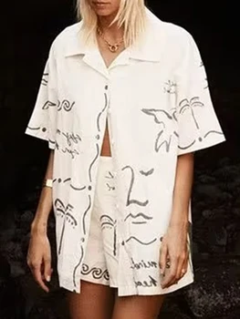 Жена пижамный комплект от 2 теми, блузи с къс ръкав и копчета, панталони с остров принтом, комплекти пижам