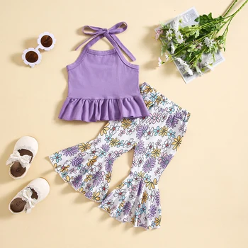 ma & baby 0-24 м, Комплекти дрехи за новородени, малки деца и малки момичета, Жилетка с рюшами, Блузи, разкроена панталони с цветен модел, Лятно облекло D05