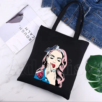 Оригинална дизайнерска чанта-тоут Lana Del Rey с принтом по поръчка, Черни Пътни Холщовые Унисекс чанти, Еко-сгъваема чанта за пазаруване