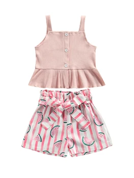 Нов комплект дрехи за малките момичета, обикновена блузи без ръкави с квадратна яка + къси панталони с принтом диня
