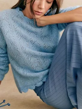 Жена вязаный пуловер с изрезки на една кука, 2 цвята, трикотаж от смес от мохера и вълна, пуловер с дълги ръкави, Новост зимата 2023, дамски блузи