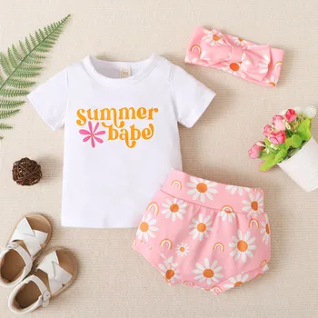 Облекло за новородени момичета 0-12 месеца, къси Панталони, костюм с писмото принтом, Бели тениски + Розови шорти с флорални принтом + Превръзка на главата, Летни тоалети