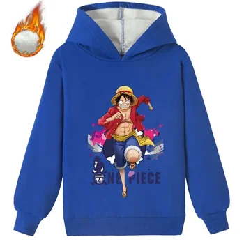 Новата есенно-зимни детски дрехи One Piece Детски блузи с качулка с принтом за момчета и момичета, свободни кадифени якета