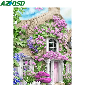 AZQSD 5d картина на Диамантена Къща Пейзаж Мозайка Комплекти на кръстат бод 30х40 см Модел от кристали Бродерия Розови пейзажи
