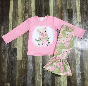 Продажба на едро на Детски дрехи в Розово грах с цветен модел за момичета в цял ръст, Непостоянно Пролетно облекло с животни от Млечни коприна