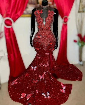 Рубинено-червено празнична рокля знаменитост за жени на 30-ия рожден ден на Пеперуда Диамант русалка Облечи кралицата на бала Вечерни рокли