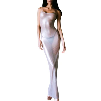 Женското Сексуално Прозрачно Дълга рокля, блестящо дебнещ без ръкави рокля с отворен гръб, летен плажен бански-бикини, бански костюм