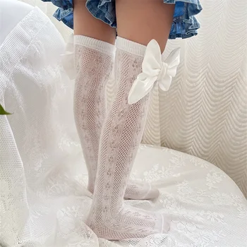 Чорапи до коляното за малки момичета, дишащи меш-тънки чорапи принцеса с лък, выдалбливают им.