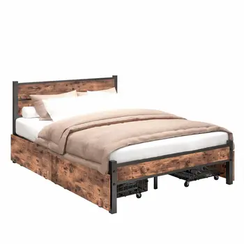 Двойно легло с чекмеджета, легло от ковано желязо, рамка от стомана, дърво, желязо легло с утолщением, модерен минимализъм