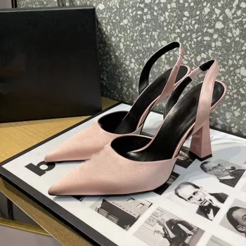 Модни дамски обувки на висок дебел ток с остър пръсти, висококачествени Луксозни дамски обувки с дебел ток 1: 1 на подметка от естествена кожа