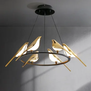 Нов окачен лампа Nordic Bird с дистанционно управление Nordic Magpie Златна led полилей за ресторант, заведение за Хранене, висящ лампа за дневна