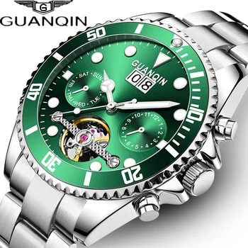 GUANQIN Мъжки Ръчен часовник с виртуален скелет от стомана SS316 с Автоматично самостоятелно ликвидация, Сапфирен кристал, Ръкохватката, Ръчна Дата, Седмица, Мъжки Часови часовници