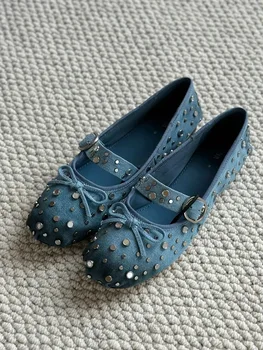 Модни дамски обувки-самотници с пеперуда в ретро стил 2023, летни сини дънкови балет апартаменти с нитове на равна подметка в стил ins