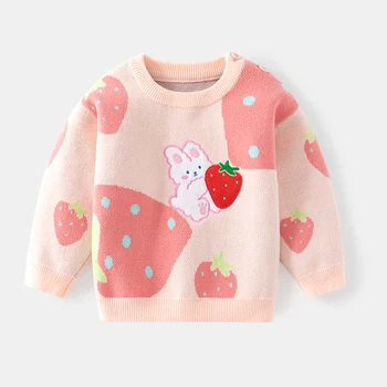 Пуловер за деца, пуловер за момичета, дрехи от чист памук, с изображение на заек, детски топъл топ с дълги ръкави за есен-зима