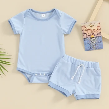 Ежедневна Лятна нови дрехи за малки момчета и момичета, бебешки дрехи, гащеризон в стил мозайка с кръгло деколте и къс ръкав, къси панталони, комплект детски дрехи от 2 теми