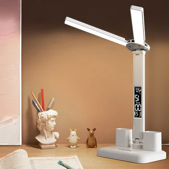 Светодиодна настолна лампа USB Dimmable Touch с календар, температурни с часове, ночником, сгъваема настолна лампа, за да се учат, лампа за четене.