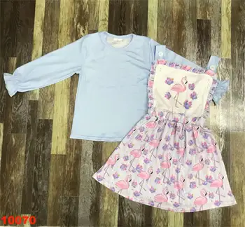 Бебешка Рокля с фламинго за малки момиченца, синя риза с дълги ръкави, есента и зимата рокля на подтяжках, разпродажба на детски дрехи за деца