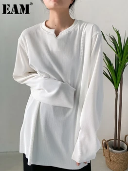 EAM Дамски ежедневни бяла тениска голям размер, Нова мода с кръгло деколте и дълъг ръкав, Пролет-есен 2024, 1DF7026