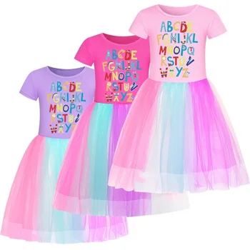 Най-новото детско лятна рокля Alphabet Lore За малки момичета, милото дантелено рокля на принцеса За момиченца, дрехи за парти в чест на рождения ден