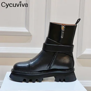 Дамски ботильоны от черна кожа на дебелите токчета, къси ботуши на платформа с страничния цип на дебела подметка, зимни дизайнерски обувки Челси за парти 2023 година на издаване