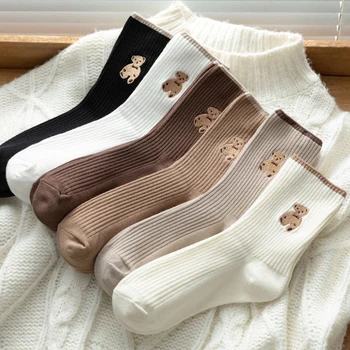 5 двойки Японски чорапи, Набор от женски ежедневни чорапи, Зимни обикновена памучни чорапи, Есенни прости дамски чорапи със средна дължина, с чертеж